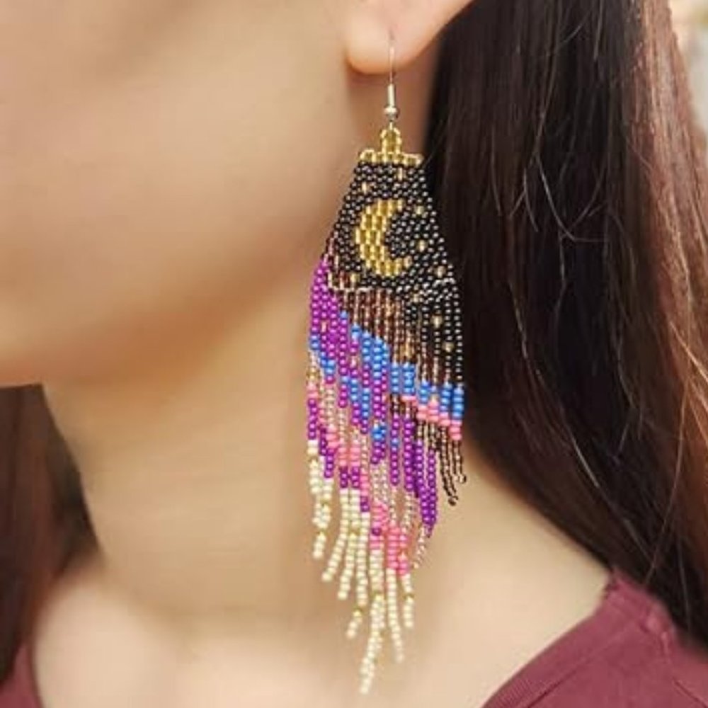 Long 5" Stars & Crescent Moon Night Earrings Handmade Beaded Oversized Statement